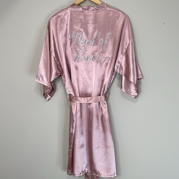 Maid Of Honour Elegant Satin Robe Dusty Rose Pink Kimono Wrap Tie Belt Size L - Picture 8 of 12